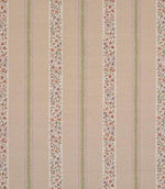 Striped designer fabric with repeating bands of delicate ditsy floral motifs in red and green tones, set against a neutral beige ground.