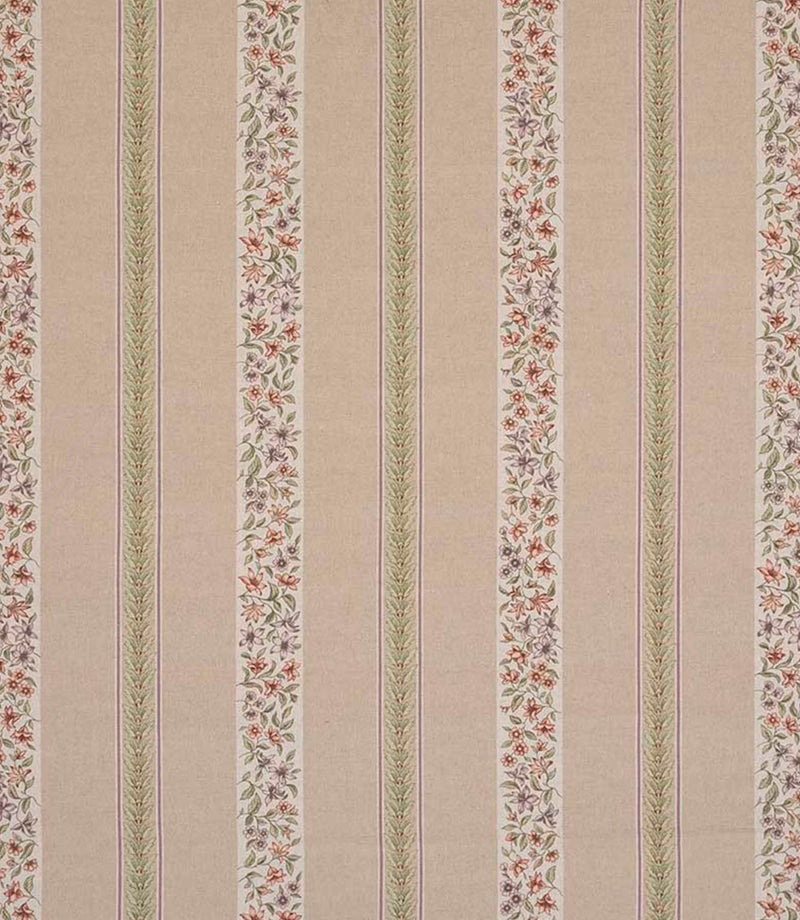 Striped designer fabric with repeating bands of delicate ditsy floral motifs in red and green tones, set against a neutral beige ground.
