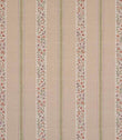 Striped designer fabric with repeating bands of delicate ditsy floral motifs in red and green tones, set against a neutral beige ground.