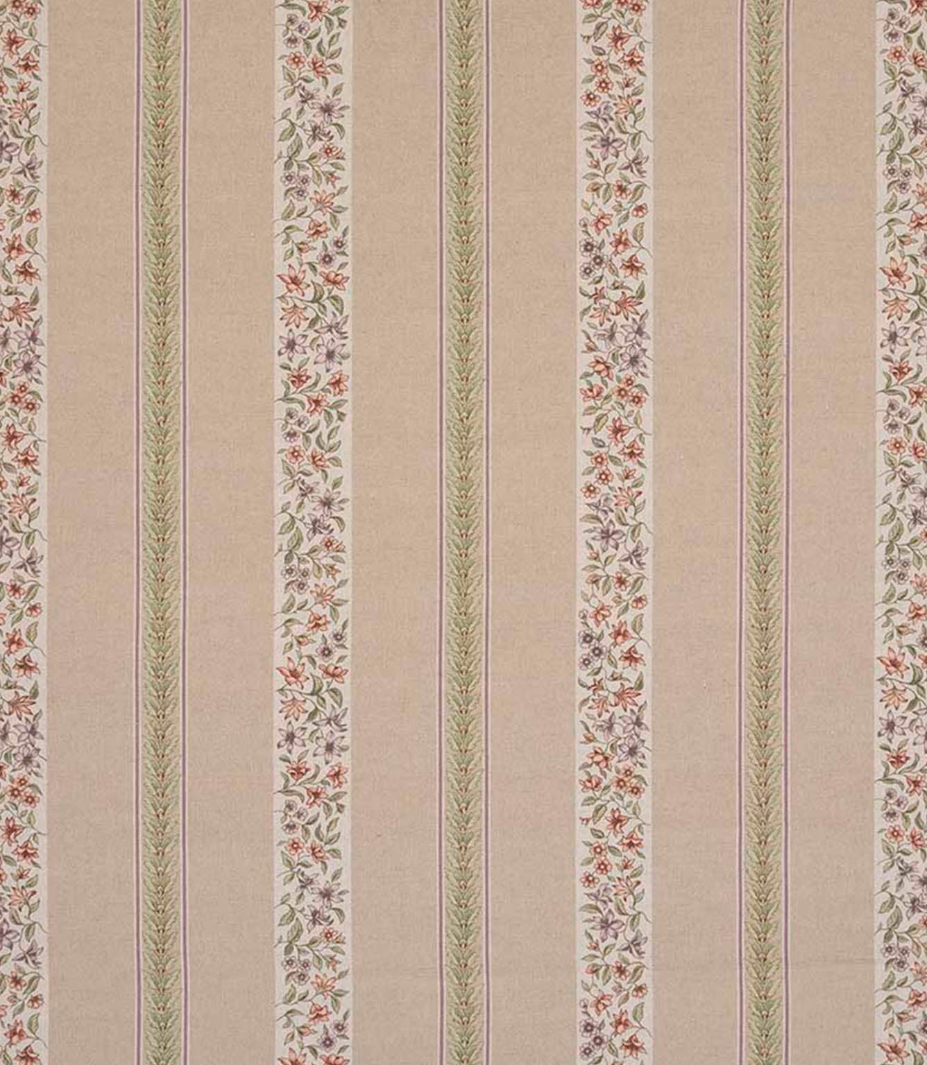 Striped designer fabric with repeating bands of delicate ditsy floral motifs in red and green tones, set against a neutral beige ground.