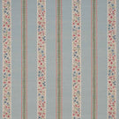 Repeating striped designer fabric with delicate ditsy floral detailing in blue, red, and green, arranged in vertical bands across a pale blue ground.