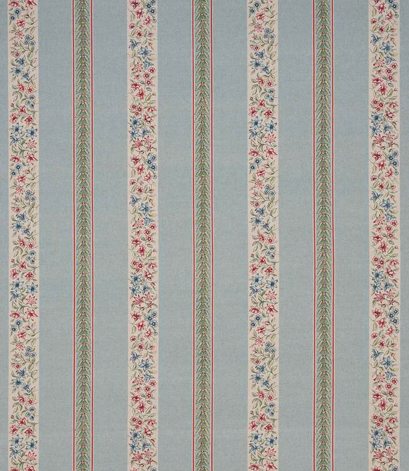 Repeating striped designer fabric with delicate ditsy floral detailing in blue, red, and green, arranged in vertical bands across a pale blue ground.