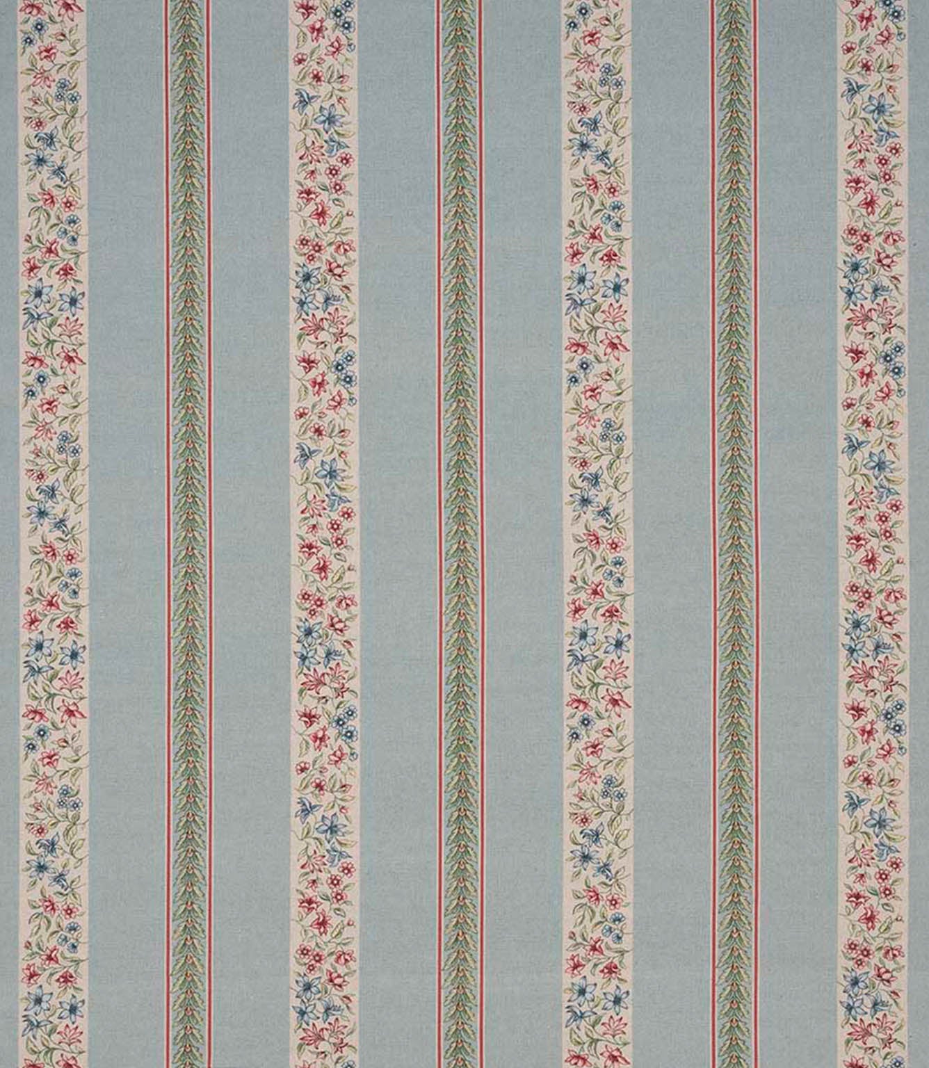 Repeating striped designer fabric with delicate ditsy floral detailing in blue, red, and green, arranged in vertical bands across a pale blue ground.