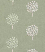Close-up of foliage pattern on a soft sage green background with off-white embroidered tree shapes, showing subtle texture and tonal contrast across the fabric surface.
