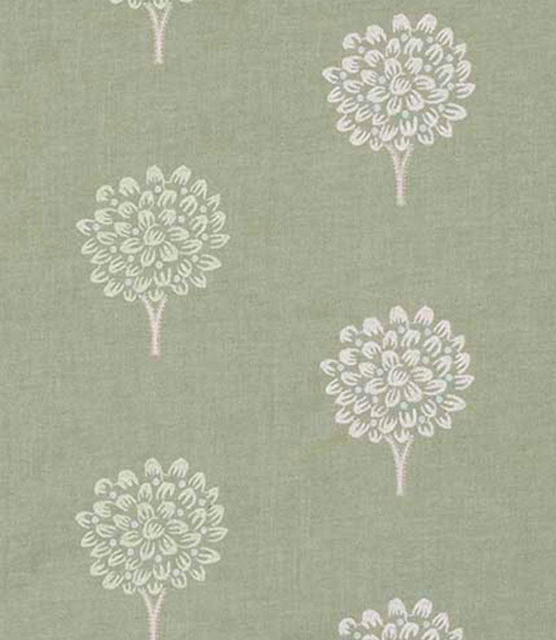 Close-up of foliage pattern on a soft sage green background with off-white embroidered tree shapes, showing subtle texture and tonal contrast across the fabric surface.