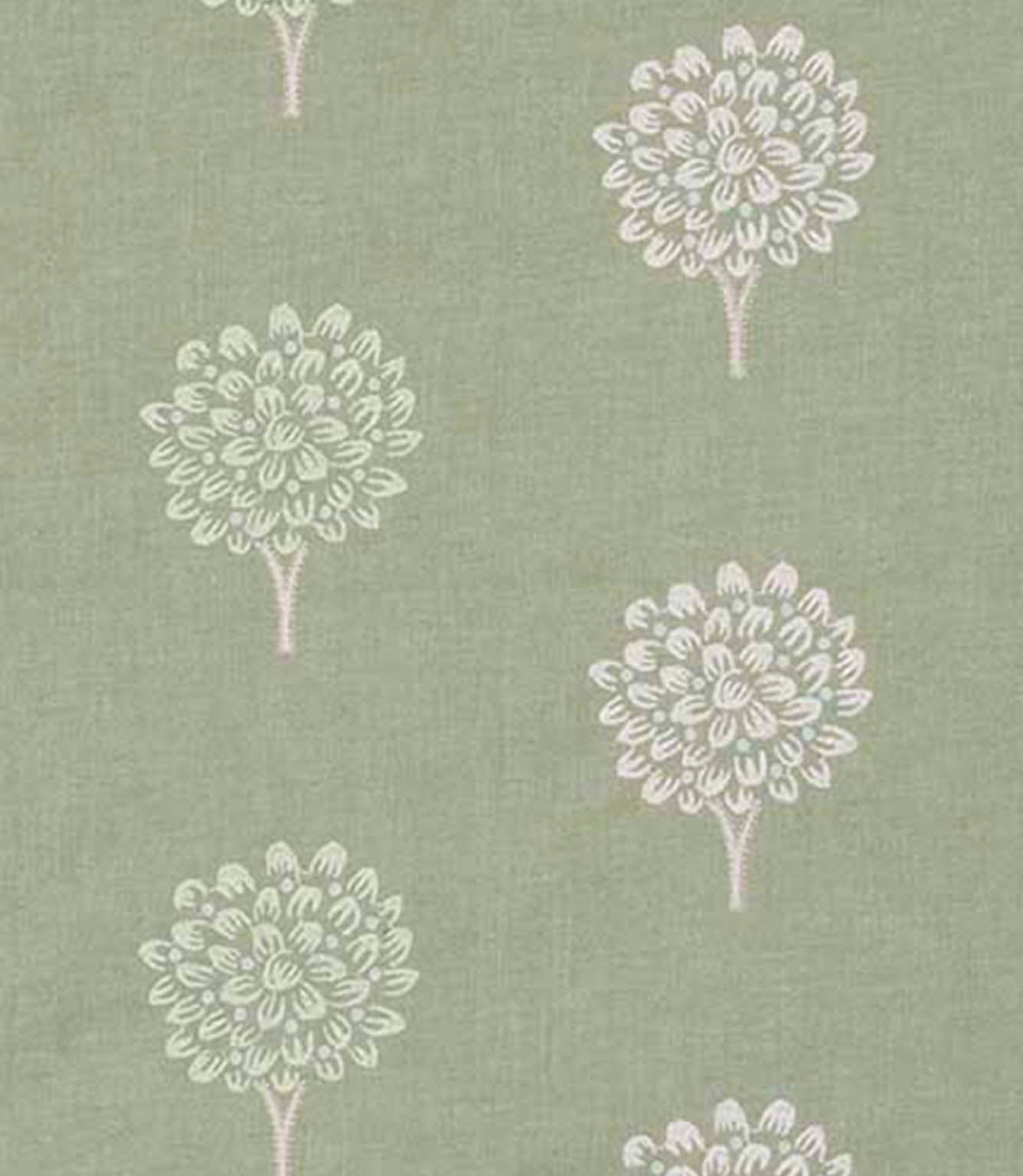 Close-up of foliage pattern on a soft sage green background with off-white embroidered tree shapes, showing subtle texture and tonal contrast across the fabric surface.