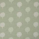 Full repeat view of designer fabric with small scale tree motifs arranged in neat vertical rows, in fresh green and cream tones on a light background, creating a calm and balanced pattern.