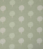 Full repeat view of designer fabric with small scale tree motifs arranged in neat vertical rows, in fresh green and cream tones on a light background, creating a calm and balanced pattern.