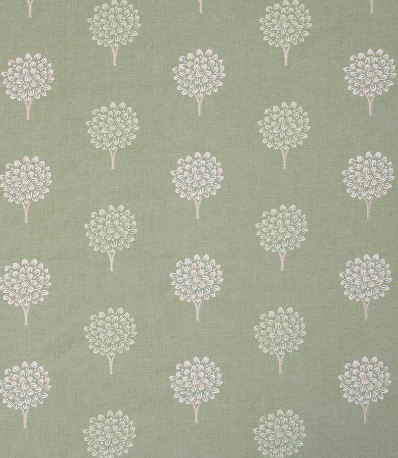 Full repeat view of designer fabric with small scale tree motifs arranged in neat vertical rows, in fresh green and cream tones on a light background, creating a calm and balanced pattern.