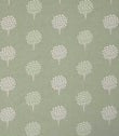 Full repeat view of designer fabric with small scale tree motifs arranged in neat vertical rows, in fresh green and cream tones on a light background, creating a calm and balanced pattern.