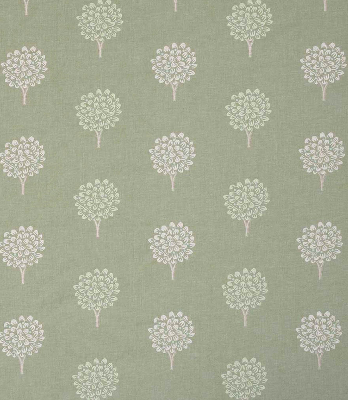 Full repeat view of designer fabric with small scale tree motifs arranged in neat vertical rows, in fresh green and cream tones on a light background, creating a calm and balanced pattern.