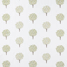 Contemporary foliage fabric featuring evenly spaced stylised tree motifs in soft sage green and pale yellow tones on a light neutral background, with a gentle woven texture visible