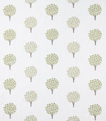 Contemporary foliage fabric featuring evenly spaced stylised tree motifs in soft sage green and pale yellow tones on a light neutral background, with a gentle woven texture visible