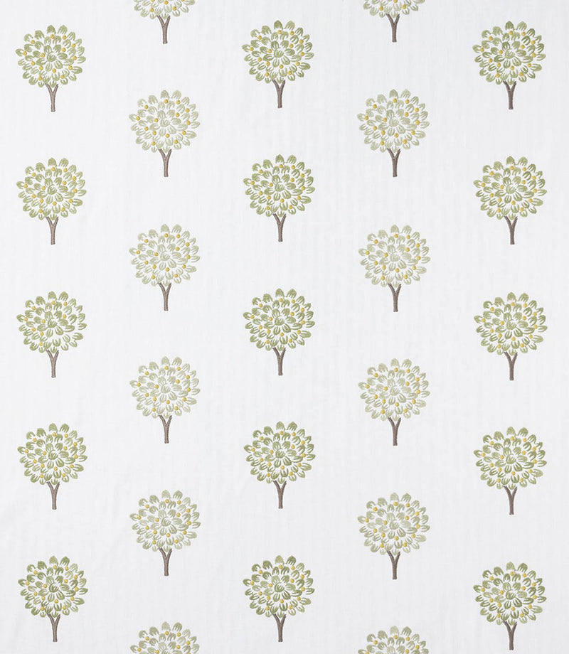 Contemporary foliage fabric featuring evenly spaced stylised tree motifs in soft sage green and pale yellow tones on a light neutral background, with a gentle woven texture visible