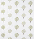 Contemporary foliage fabric featuring evenly spaced stylised tree motifs in soft sage green and pale yellow tones on a light neutral background, with a gentle woven texture visible