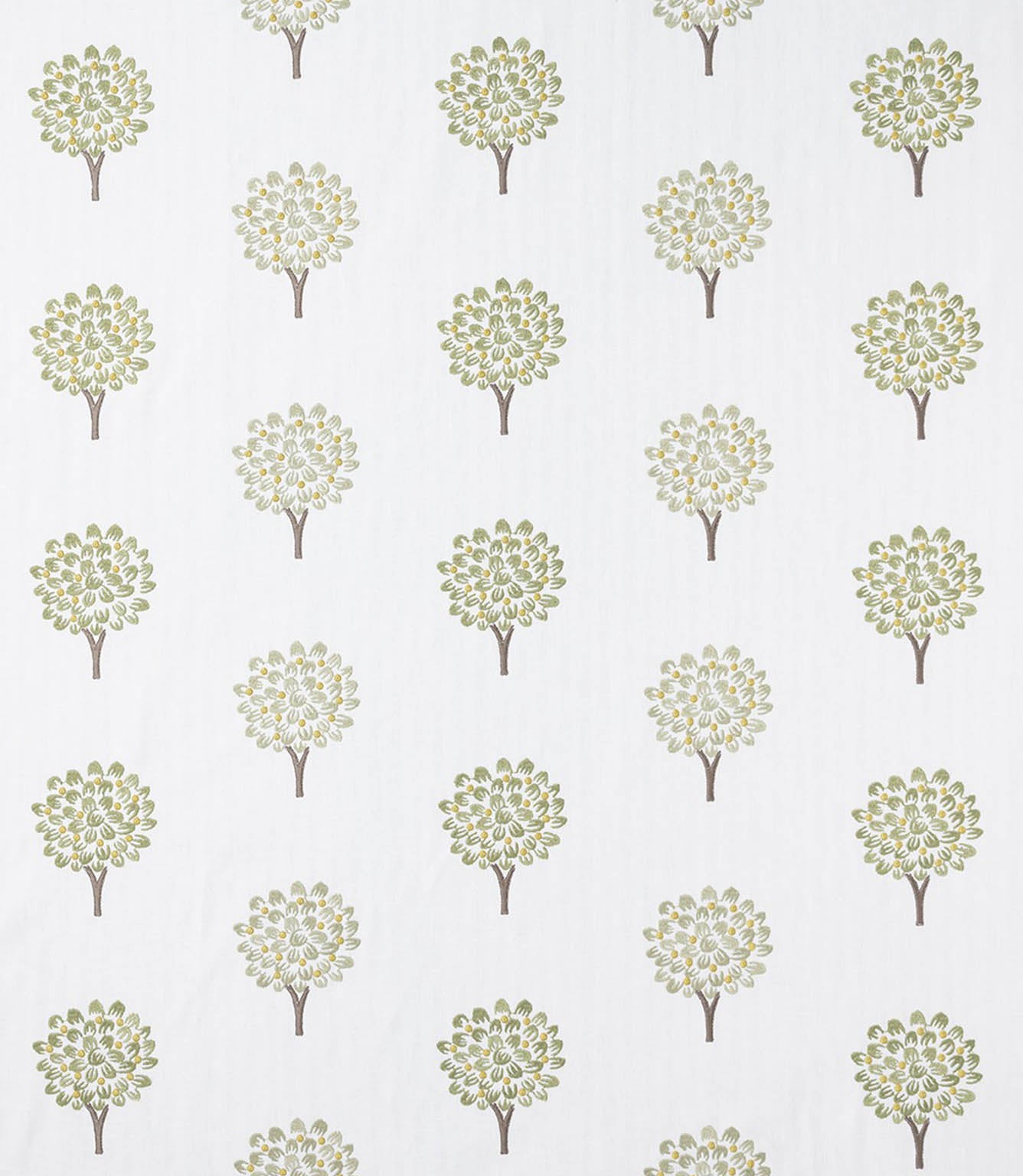 Contemporary foliage fabric featuring evenly spaced stylised tree motifs in soft sage green and pale yellow tones on a light neutral background, with a gentle woven texture visible