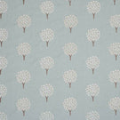 Full repeat view of contemporary embroidered fabric featuring evenly spaced tree motifs in off-white and subtle pastel tones on a soft duck egg blue ground, highlighting the large scale layout and balanced pattern spacing.