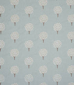 Full repeat view of contemporary embroidered fabric featuring evenly spaced tree motifs in off-white and subtle pastel tones on a soft duck egg blue ground, highlighting the large scale layout and balanced pattern spacing.