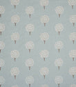 Full repeat view of contemporary embroidered fabric featuring evenly spaced tree motifs in off-white and subtle pastel tones on a soft duck egg blue ground, highlighting the large scale layout and balanced pattern spacing.