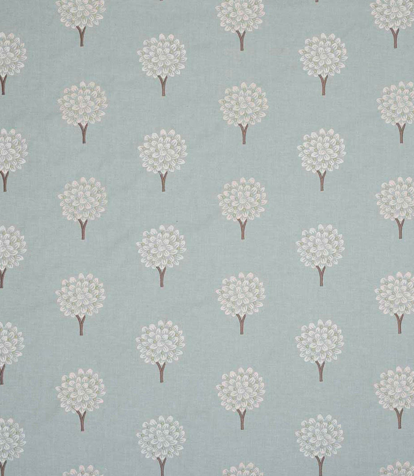 Full repeat view of contemporary embroidered fabric featuring evenly spaced tree motifs in off-white and subtle pastel tones on a soft duck egg blue ground, highlighting the large scale layout and balanced pattern spacing.