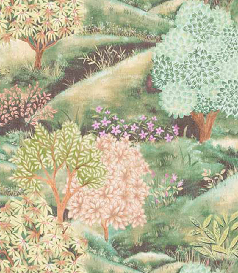 Fabric with a colourful illustration of a garden scene with trees, flowers, and a stream.