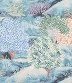 Fabric with colourful illustration of trees and plants in a forest landscape