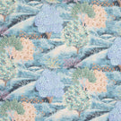 Patterned fabric with trees and flowers in pastel colors on a blue background