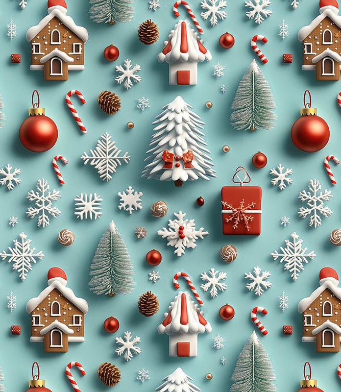 Gingerbread Village Fabric / Blue / Red - Just Fabrics