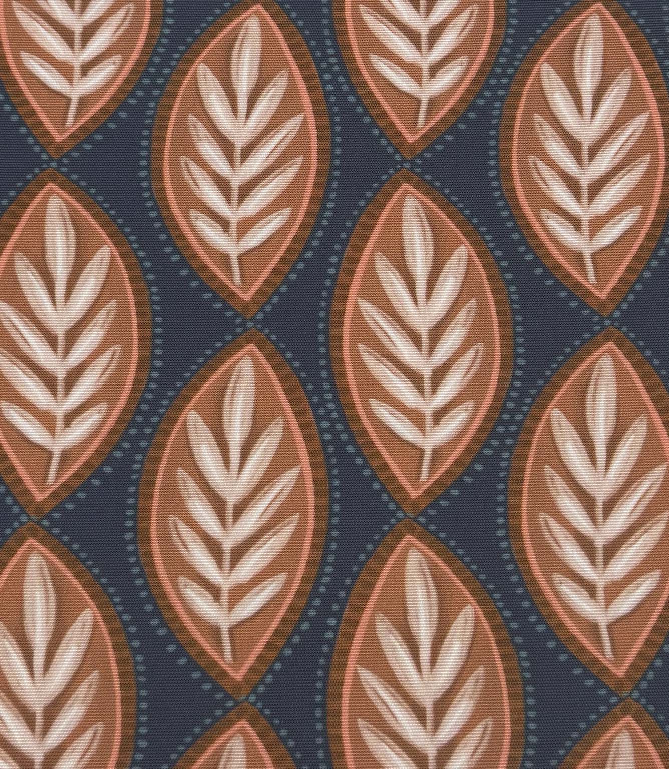 Full repeat view of Amber Canopy foliage outdoor fabric showing geometric leaf motifs in earthy terracotta and cream on a navy background.