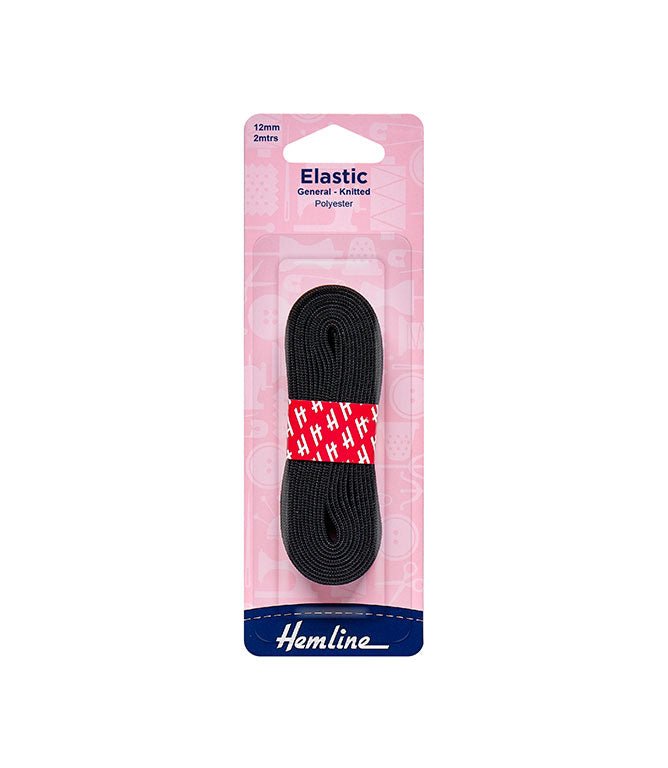 General Purpose Knitted Elastic: 2m x 12mm: Black - Just Fabrics
