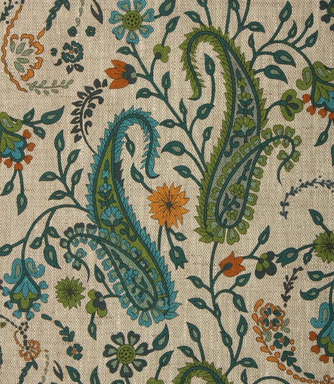 Rebecca Linen Paisley Fabric / Ocean Blue / Lime - Just Fabrics