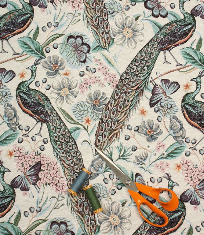 Peacock Chenille Tapestry Fabric / Cream - Just Fabrics
