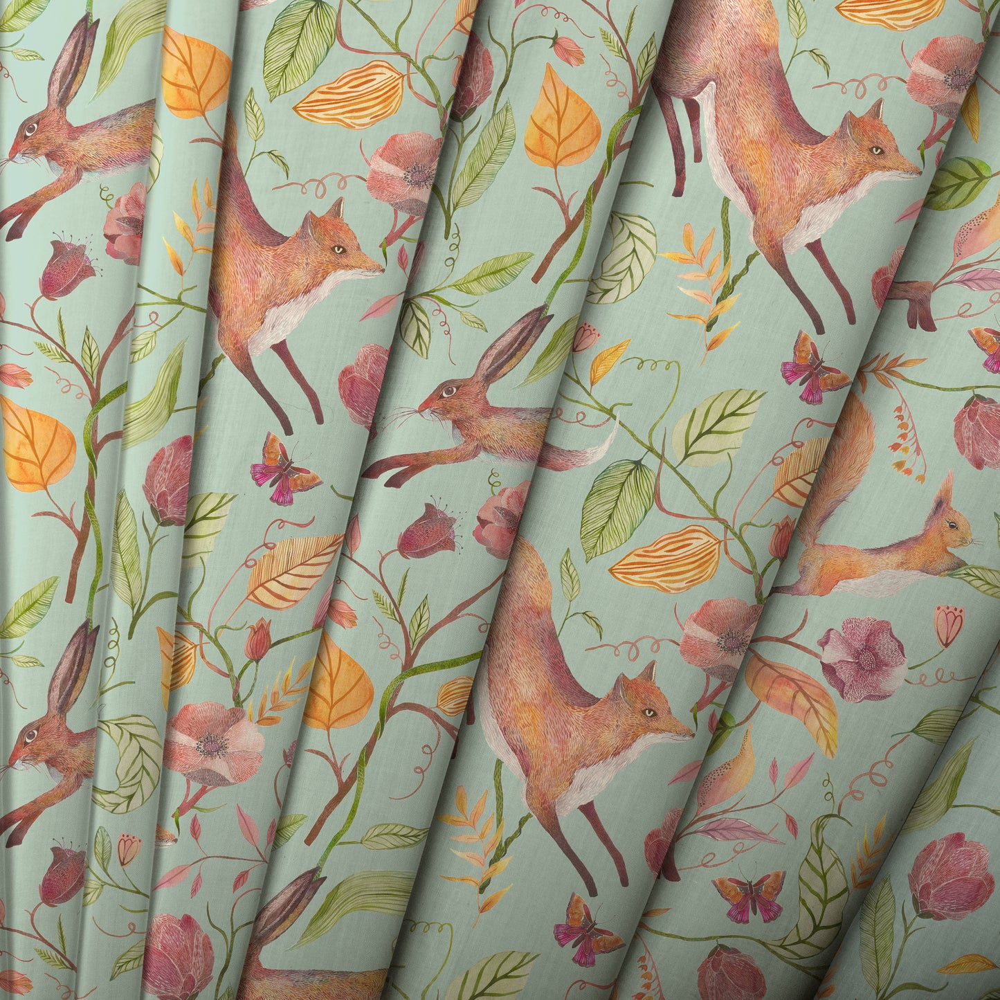 Leaping Into The Fauna Fabric / Duck Egg - Just Fabrics