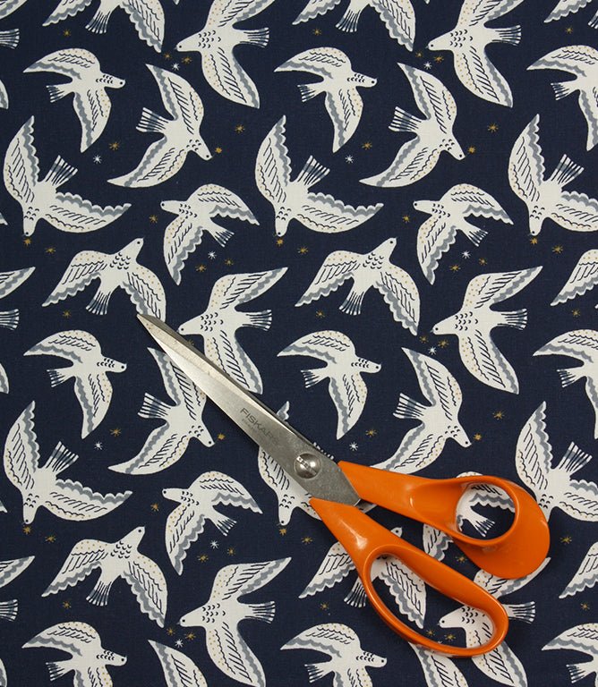 Starlit Doves Fabric / Midnight Blue - Just Fabrics