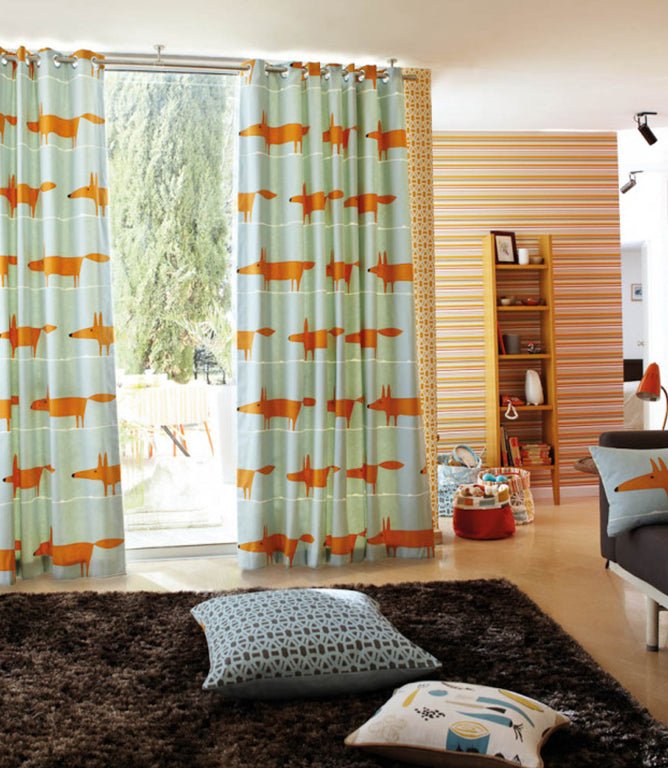 Mr Fox Fabric / Sky / Tangerine / Chalk - Just Fabrics