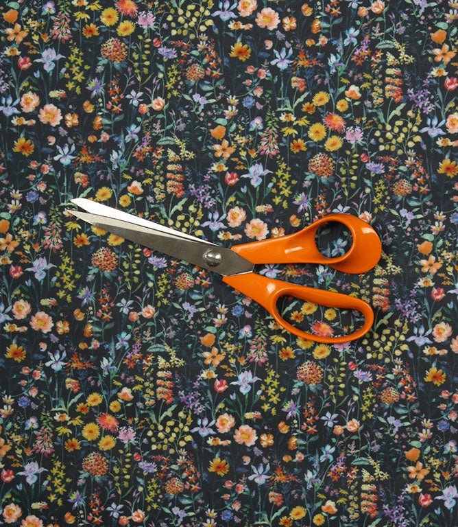 Prado De Flores Lomond Fabric / Papaya / Indigo - Just Fabrics