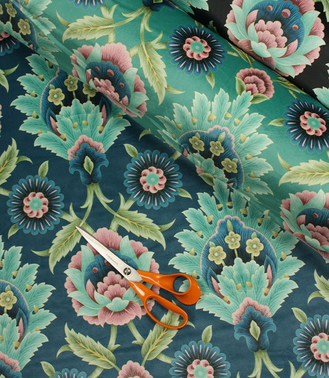 Folk Floral Velvet Fabric / Black - Just Fabrics