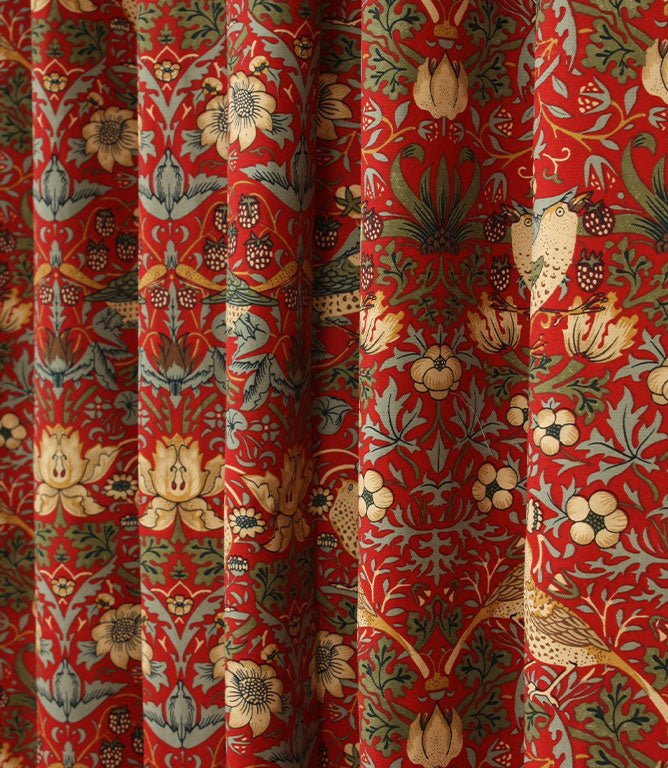 Strawberry Thief Red Pencil Pleat Curtains - Just Fabrics