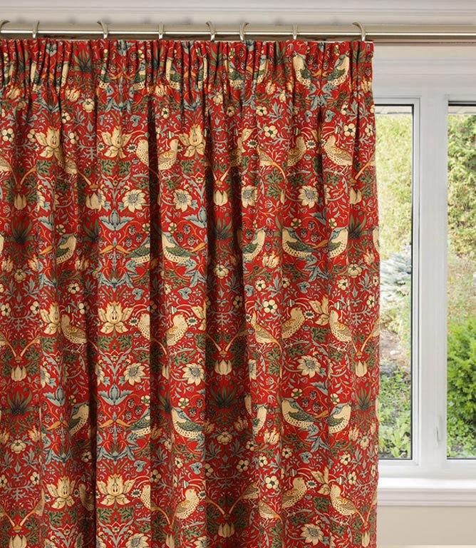 Strawberry Thief Red Pencil Pleat Curtains - Just Fabrics
