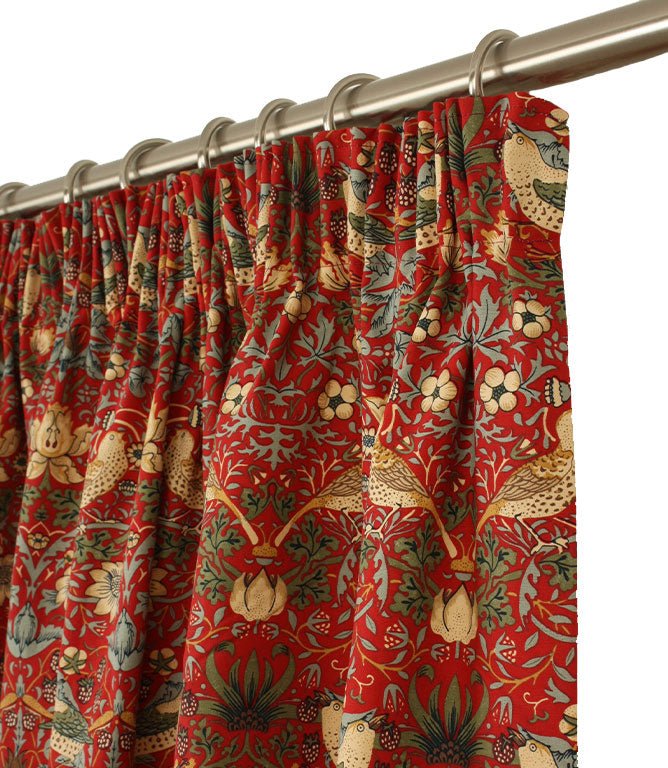 Strawberry Thief Red Pencil Pleat Curtains - Just Fabrics