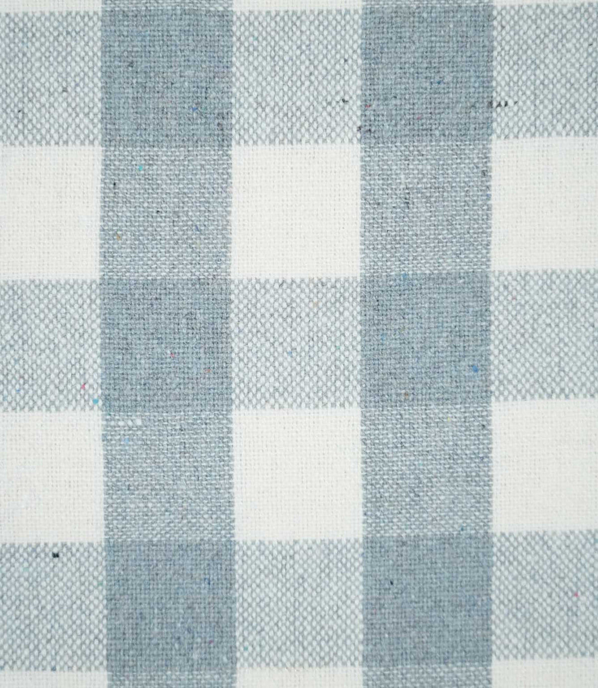Close-up of Aldsworth Check Haze fabric showing the detailed woven texture and intersecting blue and white checks with subtle flecks in the yarn.