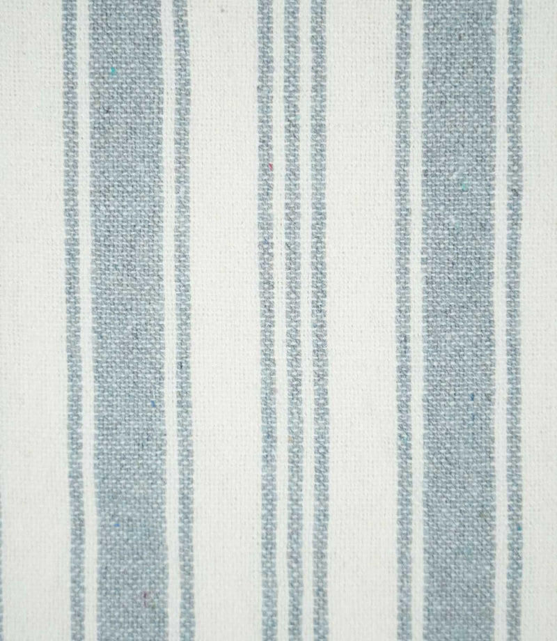 Detailed view of Aldsworth Stripe Haze fabric showing the blue-grey and white ticking stripes, fine woven threads and subtle texture.