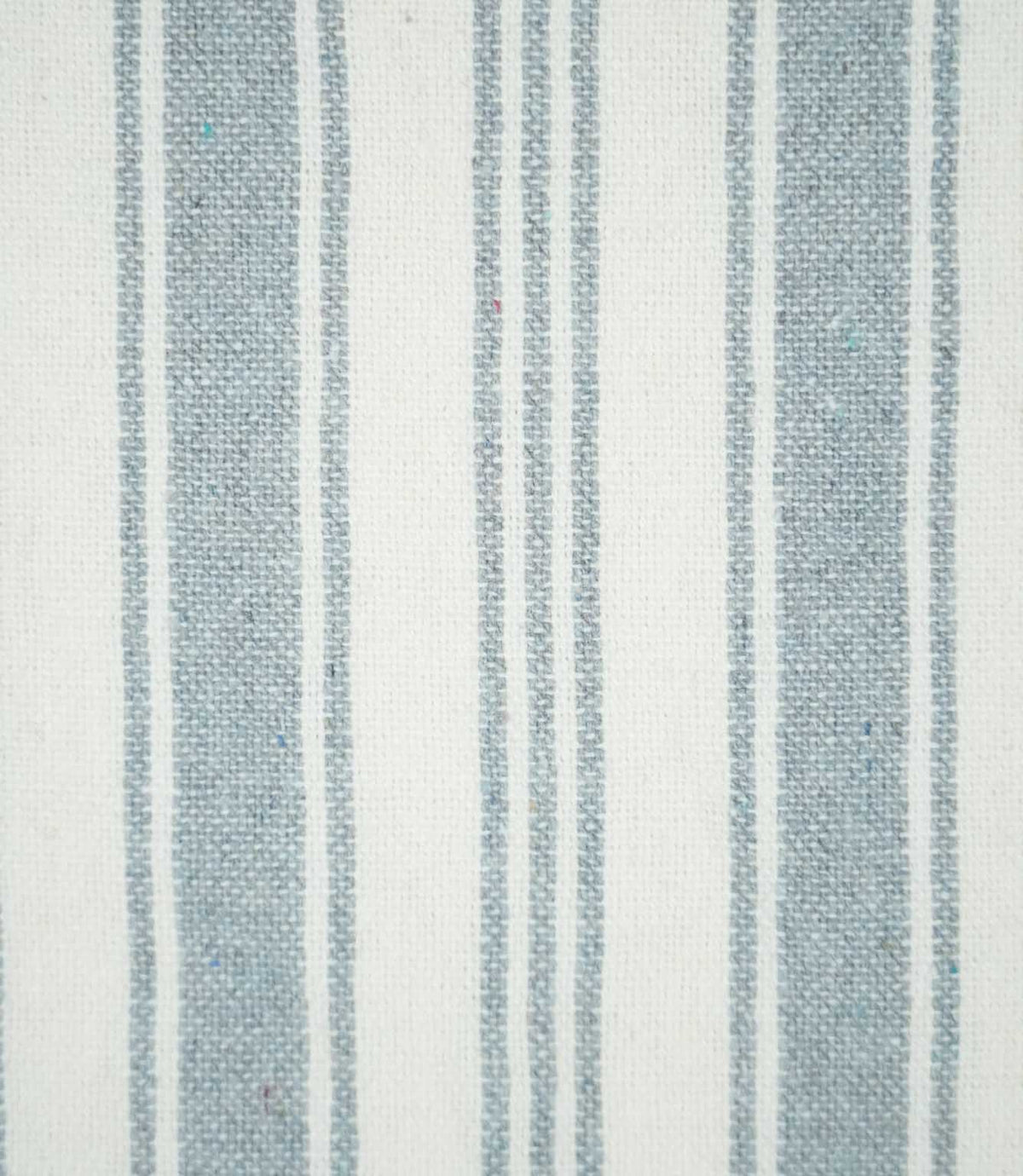 Detailed view of Aldsworth Stripe Haze fabric showing the blue-grey and white ticking stripes, fine woven threads and subtle texture.