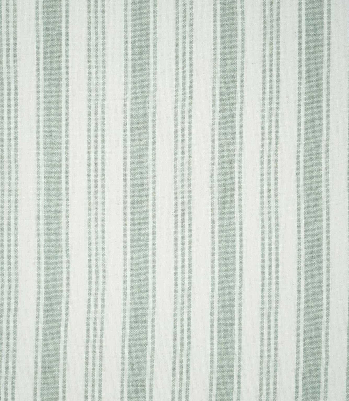 Full pattern view of Aldsworth Stripe Mint fabric featuring alternating wide and narrow mint green and white vertical stripes with a textured woven finish.