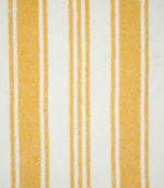 Close-up of Aldsworth Stripe Ochre fabric showing the detailed woven texture and alternating golden ochre and off-white vertical stripes.