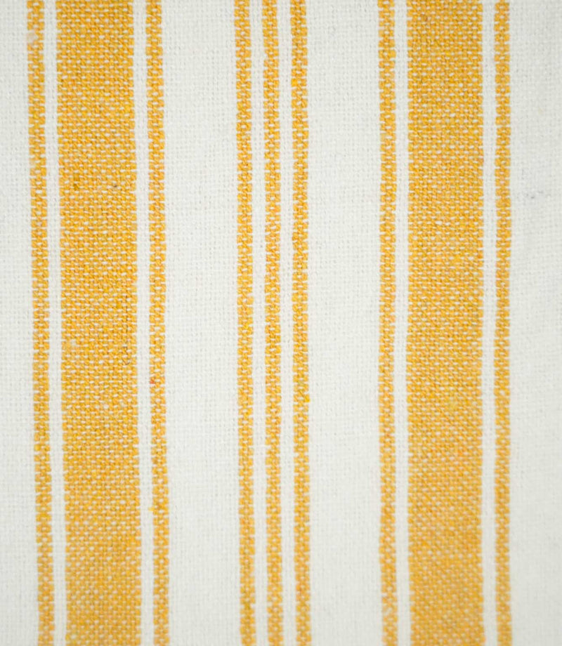 Close-up of Aldsworth Stripe Ochre fabric showing the detailed woven texture and alternating golden ochre and off-white vertical stripes.