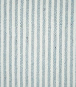 Close-up of Aldsworth Ticking Haze fabric featuring narrow blue-grey and white vertical stripes with a textured woven finish and subtle flecked detailing.