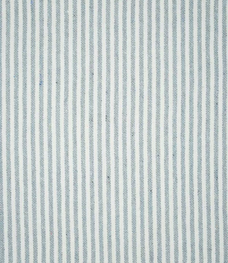 Full pattern view of Aldsworth Ticking Haze fabric displaying evenly spaced blue-grey and white ticking stripes with a fine woven texture.