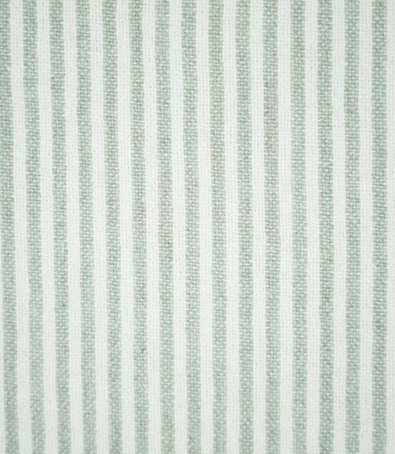 Close-up of Aldsworth Ticking Mint fabric featuring narrow mint green and white vertical stripes with a textured woven finish and subtle flecked detailing.