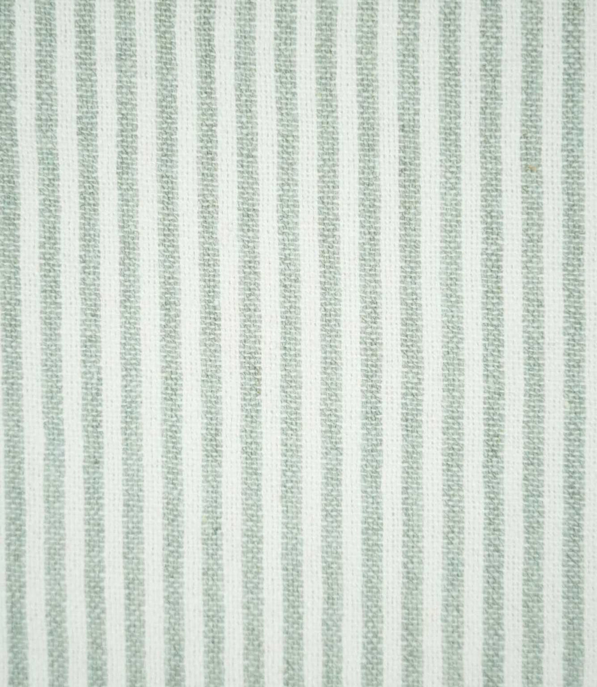 Close-up of Aldsworth Ticking Mint fabric featuring narrow mint green and white vertical stripes with a textured woven finish and subtle flecked detailing.